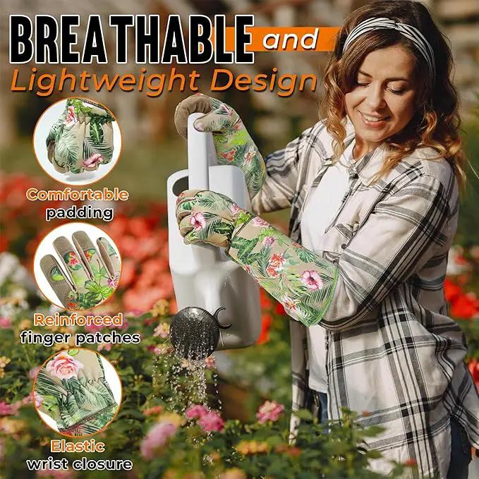 HANDLANDY Leather Gardening Gloves for Women, Thorn Proof Breathable Ladies Rose Pruning Garden Gauntlet Yard Gloves, Gift for Gardeners (Khaki, XL) by GreenHaven Gardens