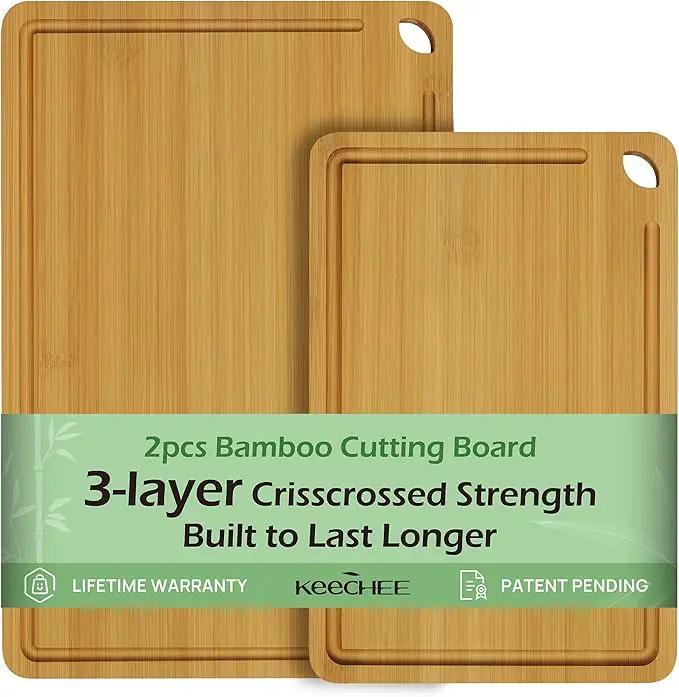 Chopping Board Duo 2-Pcs Natural Bamboo With Juice Channels & Knife-Friendly Finish For Versatile Kitchen Use, Ideal Charcuterie & Chopping Multi-Use by GreenHaven Gardens