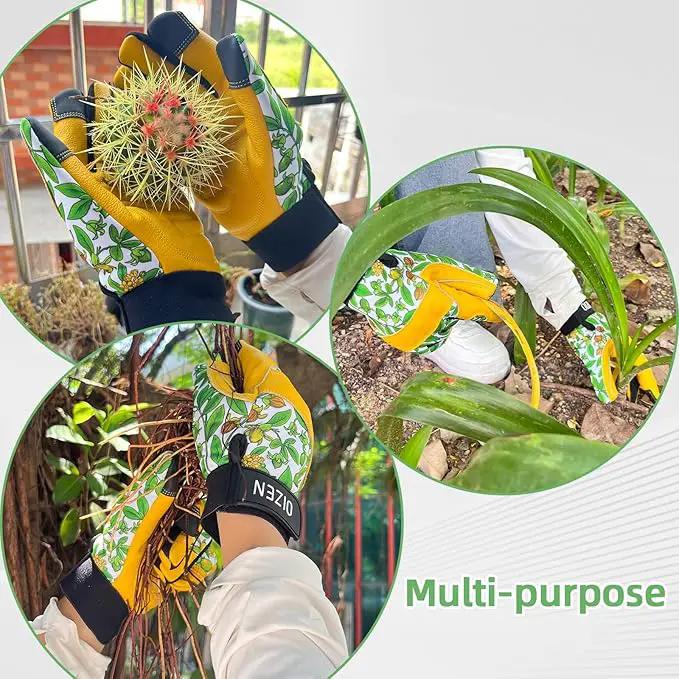 Cowhide Leather Thorn Proof & Puncture Resistant Gardening Gloves for Women, Touchscreen Compatible Working Gloves for Weeding, Digging, Planting, Gardening Gifts for Women (Green bellflowers, Medium) by GreenHaven Gardens