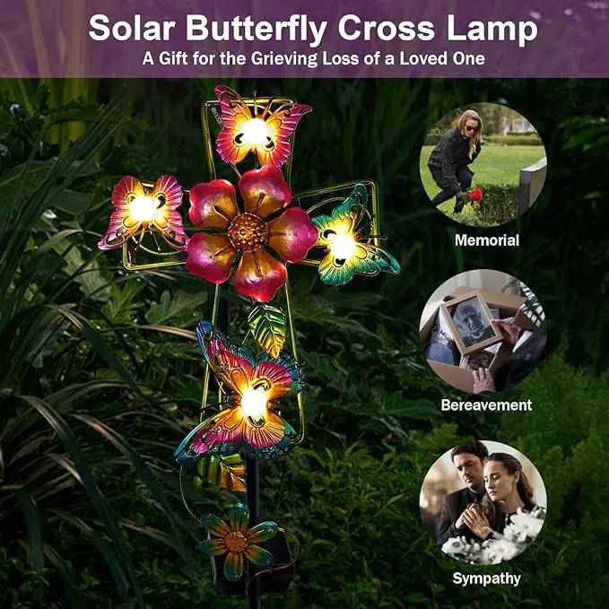 Solar Cross Garden Lights, 2 Pack Solar Butterfly Stake Lights Cemetery Decorations for Grave, Jesus Cross Sympathy Memorial Gifts for Mother Grandma, Metal Garden Art for Yard Lawn Patio Decor by GreenHaven Gardens