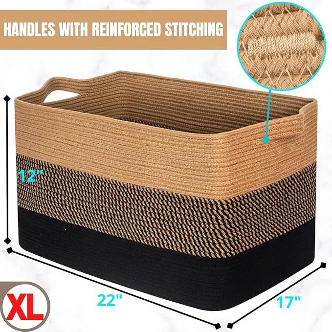 MINTWOOD Design 22in Extra Large Blanket Basket Holder for Living Room, Rectangle Rope Woven Storage Bin with Handles for Laundry, Pool Towels, and Shoes, Dog Toy Box Organizer, Black Jute by GreenHaven Gardens