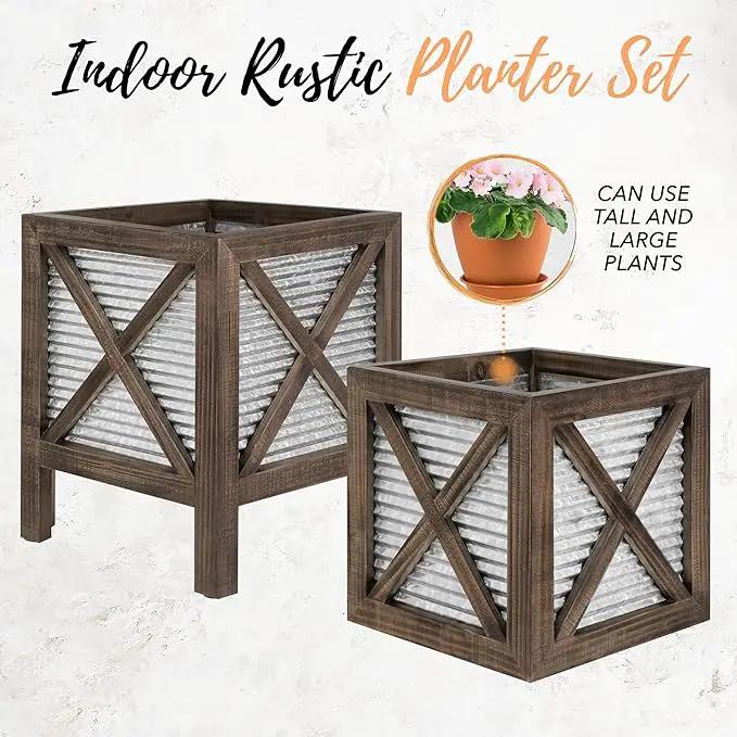 Autumn Alley Farmhouse Front Porch Planters Set of 2 Stand with Galvanized Corrugated Metal Planters for Outdoors/Indoors - Rustic Wood Square Planters Box on Legs – Charming Farmhouse Décor, Brown by GreenHaven Gardens