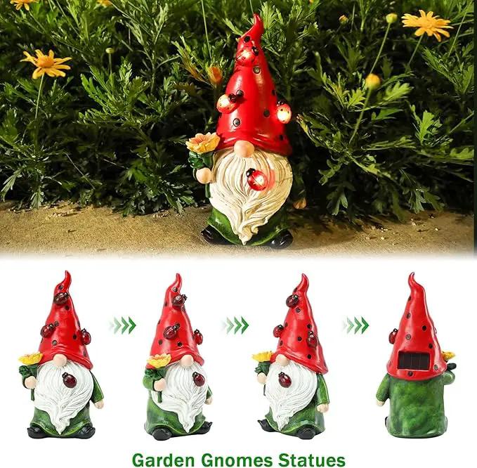 Garden Gnome Statue, Resin Sunflower Ladybug Gnome Figurine with Solar Lights for Porch Patio Yard Outdoor Decor by GreenHaven Gardens