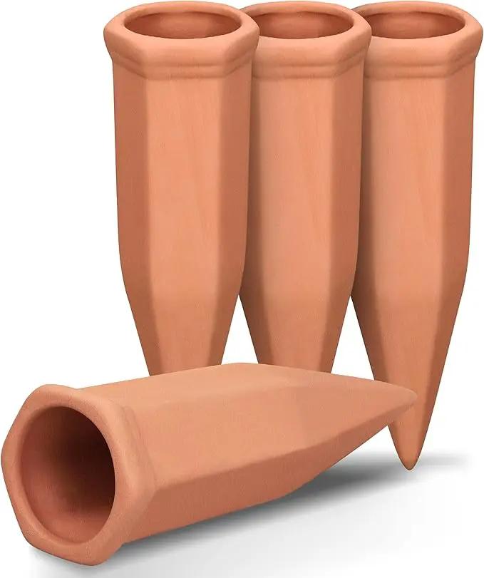 Terracotta Watering Spikes, Wine Bottle Watering Stakes, Slow Release Self Watering Planter Insert for Out | Indoor Plants, Vacation Plant Watering Devices, Automatic Plant Waterer, 4-Pack by GreenHaven Gardens