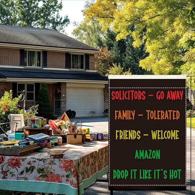 Funny Welcome Sarcastic Garden Flag Outdoor Decorations Go Away Family Tolerated Friends Small Double Sided Burlap art Stained Glass Style Garden Flags 12 x 18 Inch for Outside by GreenHaven Gardens