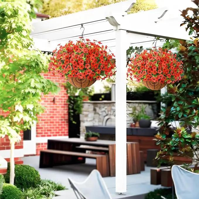 Artificial Faux Hanging Plants Flowers Basket Outdoor Porch Garden Spring Decoration, Fake Silk Daisy in Planter Realistic UV Resistant for Outside Home Patio Balcony Yard(Red) by GreenHaven Gardens