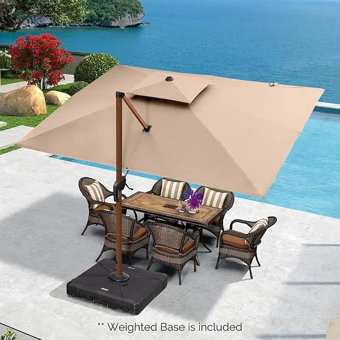 PURPLE LEAF 9' X 12' Double Top Deluxe Wood Pattern Rectangle Patio Umbrella with Base Offset Hanging Umbrella Outdoor Market Umbrella Garden Umbrella, Beige by GreenHaven Gardens