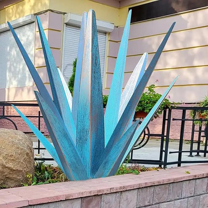 Enlarge Metal Plants Tequila Rustic Sculpture, Outdoor Patio Yard, Home Decor Hand Painted Agave Garden Statue, Outdoor Lawn Ornaments Yard Stakes for Mom Gift (1 Big Blue) by GreenHaven Gardens