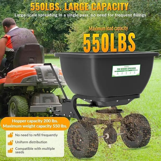 Tow Behind Broadcast Spreader, 200 LB Capacity,Fertilizer Spreader Holds up to 550 lbs with 13" Pneumatic Tires and Adjustable Flow Control Lever,for Fertilizer, Grass Seed, Salt, Ice Melt, Lawn by GreenHaven Gardens