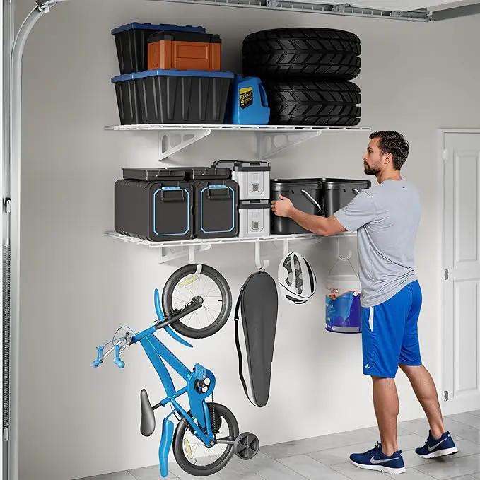 LEXIMOUNTS 2-Pack 2x4ft Garage Shelving with Hooks, 24-inch-by-48-inch Wall Shelf Garage Storage Racks Floating Shelves, White by GreenHaven Gardens