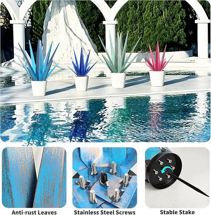 Large Tequila Rustic Sculpture, Rustic Metal Agave Plants for Outdoor Patio Yard, Home Decor Hand Painted Metal Agave Garden Yard Statue, Outdoor Lawn Ornaments Yard Stakes (Sky Blue - M) by GreenHaven Gardens