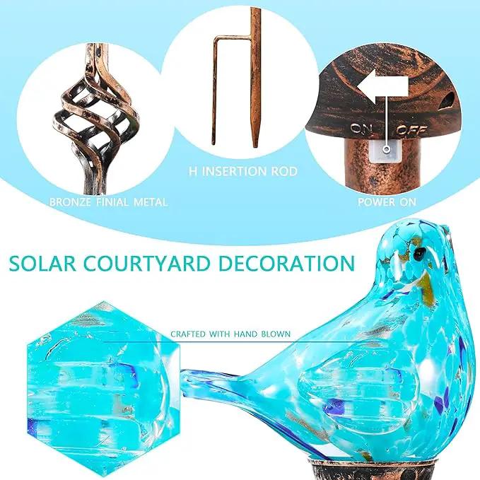 Decorative Solar Lights, Outdoor Solar Bird Stake Lights, Hand Blown Glass Decorative Garden Pathway Lights Outdoor Waterproof Glass Stakes (Light Blue) by GreenHaven Gardens