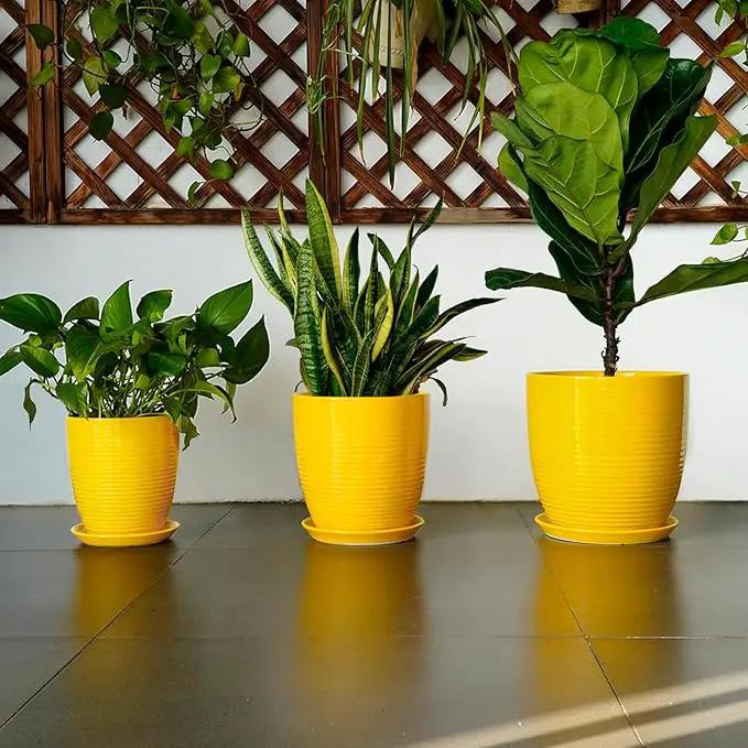 Ceramic Plant Pot - 8 Inch Planter Pot with Drainage Hole and Saucer Round Planter for Indoor Outdoor Plants Flower Pot for Home Patio Garden Office Yellow by GreenHaven Gardens