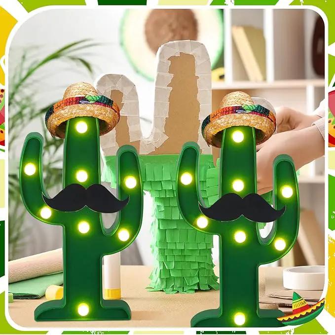 12 Pcs Cinco de Mayo LED Cactus Light with Mini Sombrero Straw Hats and Fake Beard Cinco De Mayo Table Decor Mexican Party Supplies for Table Room Bedroom Party Decoration (4.72 x 2.76 Inch) by GreenHaven Gardens