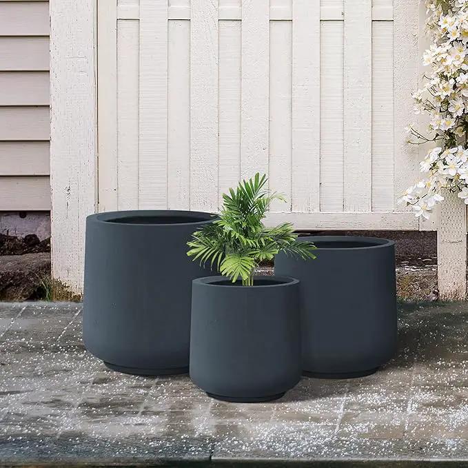 Kante 15.3"+11.6"+8.2" Dia Round Concrete Planter, Large Outdoor Indoor Planter Pots Containers with Drainage Holes and Rubber Plug for Home Garden Patio, Charcoal by GreenHaven Gardens