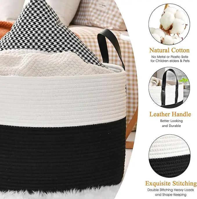 KAKAMAY Large Blanket Basket (20"x13"),Woven Baskets for storage Baby Laundry Hamper, Cotton Rope Blanket Basket for Living Room, Laundry, Nursery, Pillows, Baby Toy chest (White/Black) by GreenHaven Gardens
