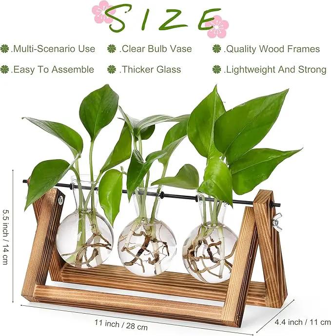 YIBOT Plants Propagation Stations,Desk Plant Terrarium with Retro Wooden Stand,Plant Lover Gifts for Women for Hydroponics Plants Home Garden Wedding Decor(3 Bulb Vase) by GreenHaven Gardens