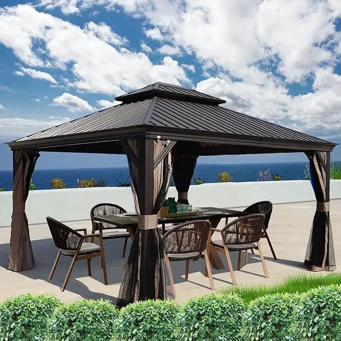 Kozyard Alexander Hardtop Aluminum Permanent Gazebo with a Mosquito Net and Privacy Sidewalls (Alexander 12'x14' (Brown) by GreenHaven Gardens