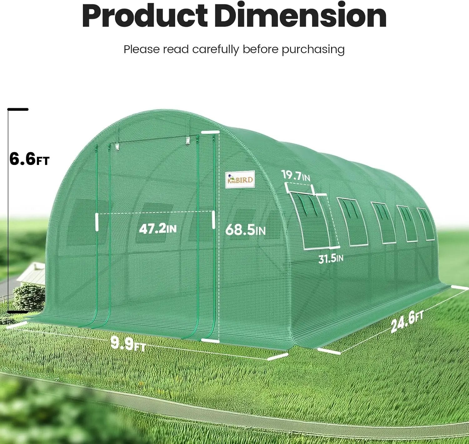 KING BIRD Premium 25x10x6.6FT Greenhouse for Outdoors, Large Walk-in Heavy Duty Galvanized Steel Frame, Mesh Door Screen Window Upgraded Zipper Tunnel Hoop for Garden Plant Winter, Green by GreenHaven Gardens