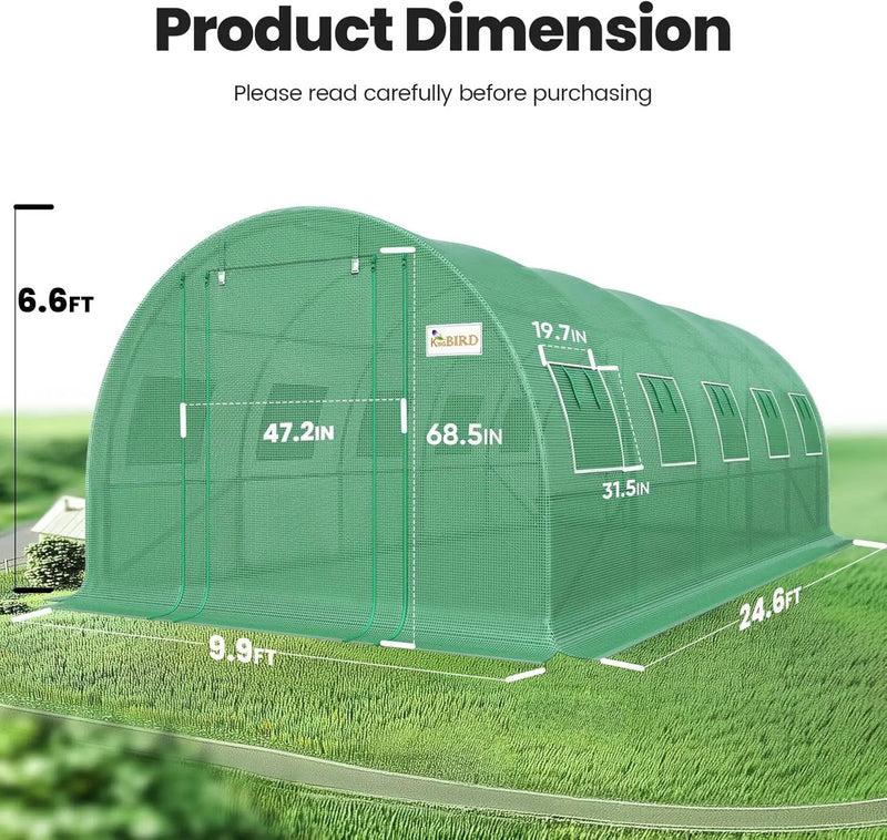 KING BIRD Premium 25x10x6.6FT Greenhouse for Outdoors, Large Walk-in Heavy Duty Galvanized Steel Frame, Mesh Door Screen Window Upgraded Zipper Tunnel Hoop for Garden Plant Winter, Green by GreenHaven Gardens
