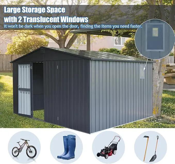 Domi Backyard Storage Shed 11’ x 12.5’ with Galvanized Steel Frame & Windows, Outdoor Garden Shed Metal Utility Tool Storage Room with Lockable Door for Patio(Dark Gray) by GreenHaven Gardens