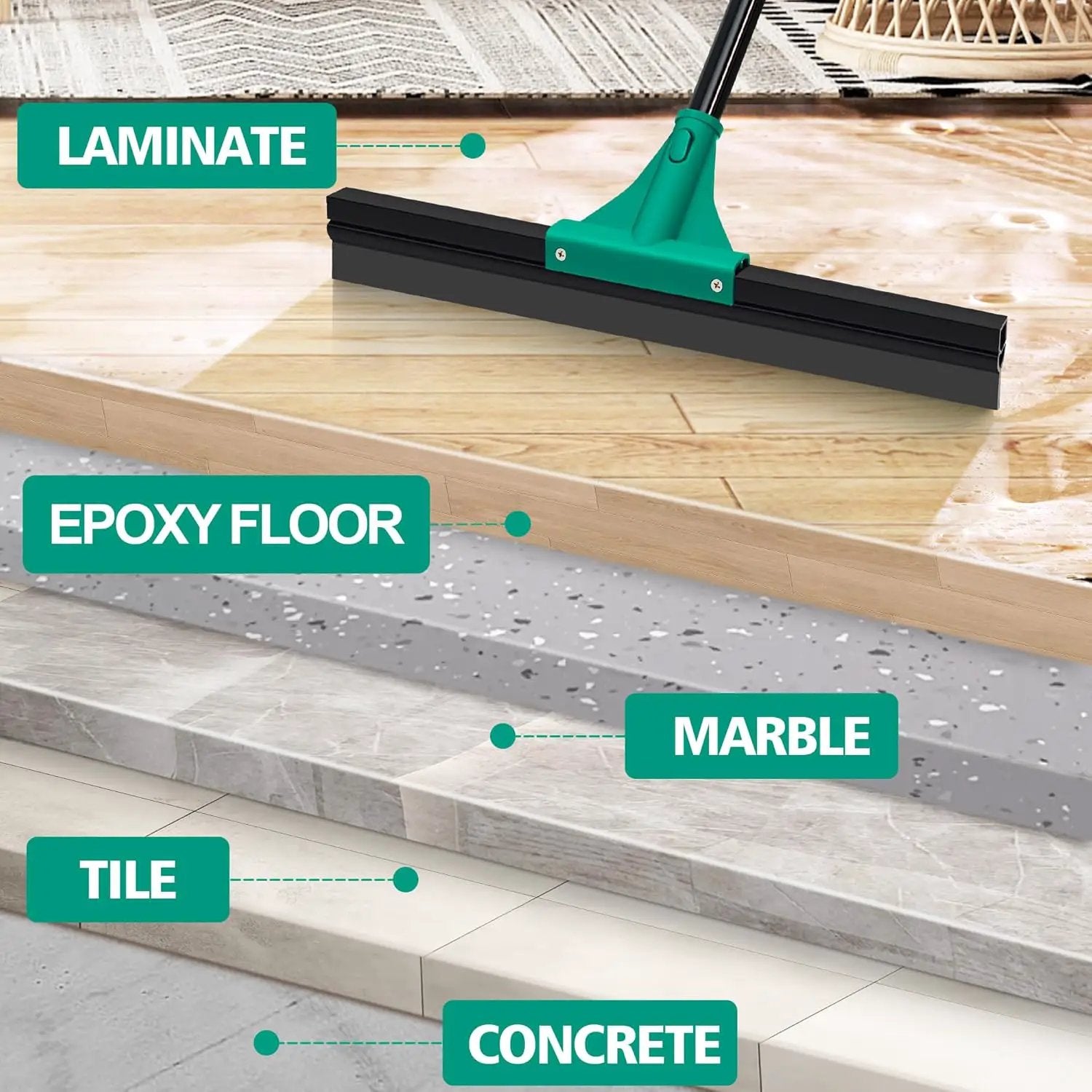 JEHONN Floor Squeegee Heavy Duty with 58.3 inches Long Handle, Rubber Scraper Broom for Cleaning Foam Water on Garage Concrete Bathroom Tile Marble Shower Glass Shop Deck Window Indoor Outdoor Green by GreenHaven Gardens