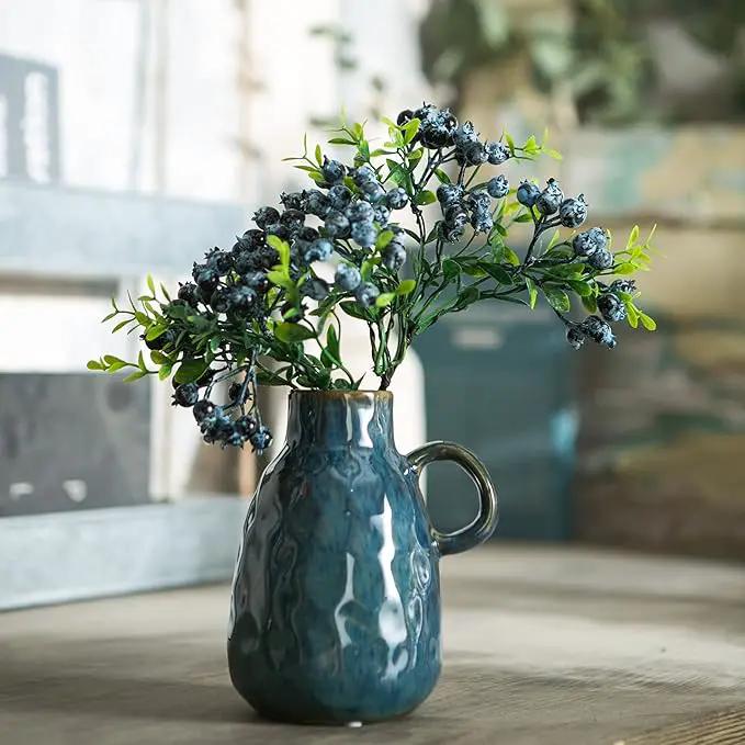 Ceramic Vase Set of 2, Blue Glazed Small Pottery Vases with Handles, Decorative Clay Vase Modern Farmhouse Decor, Centerpiece Dining Table Decorations Porcelain by GreenHaven Gardens
