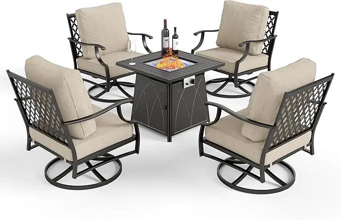 Patio Furniture Set with Fire Pit Table, 5 Pcs Metal Outdoor Conversation Set, 4 Swivel Chairs with 5.75" Extra Thick Cushion and 28" Fire Pit Table for Backyard Deck, Beige by GreenHaven Gardens