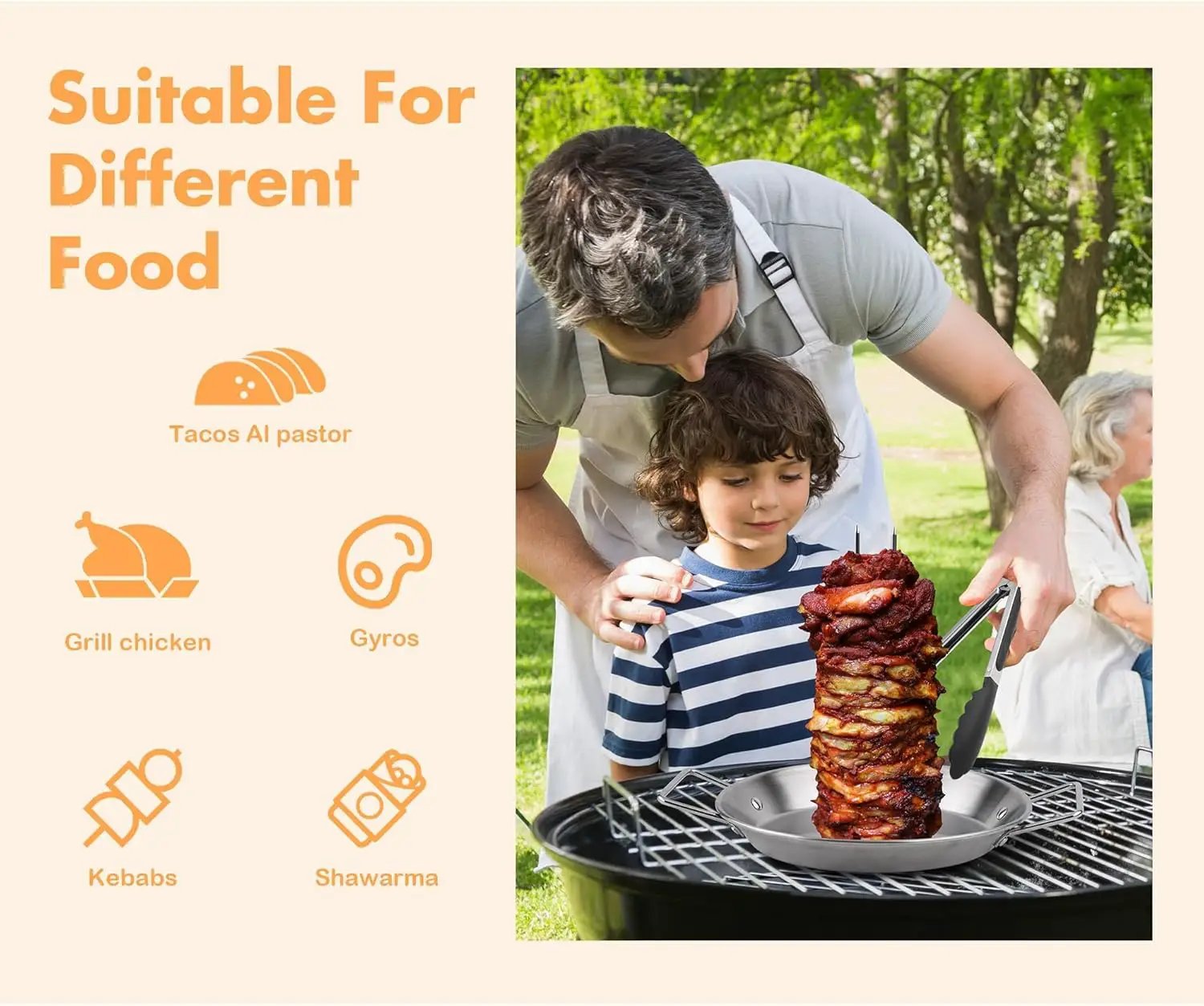 Elcoho Al Pastor Skewer for Grill BBQ Vertical Skewer Pan with Spikes Brush Tongs Screwdriver Al Pastor Rotating Grill Vertical Rotisserie for Turkey Tacos Al Pastor Shawarma Chicken on Smoker Oven by GreenHaven Gardens