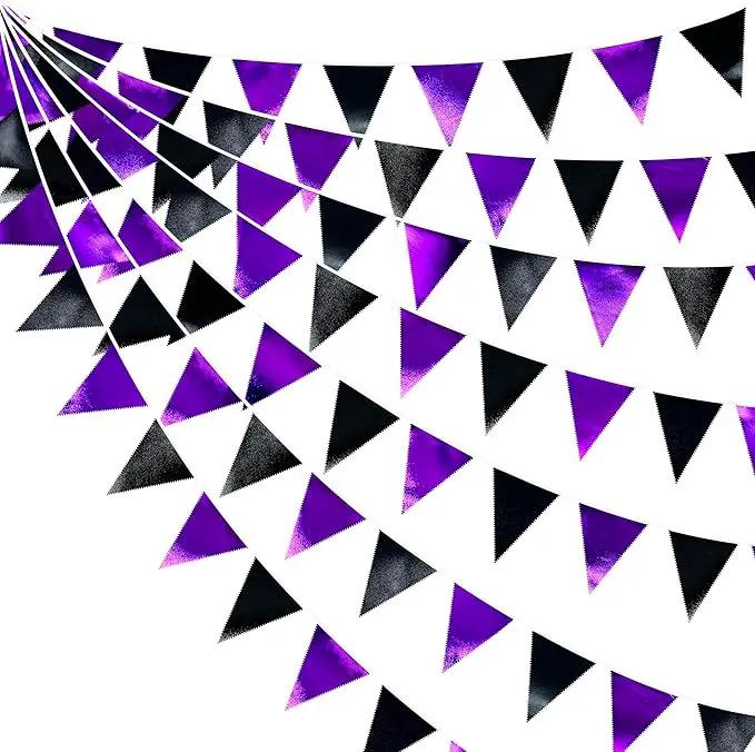 Purple and Black Party Decorations Metallic Fabric Triangle Pennant Banner Flag Bunting Garland for Graduations Birthday Retirement Wedding Baby Shower Bachelorette Halloween Outdoor Party Supplies by GreenHaven Gardens