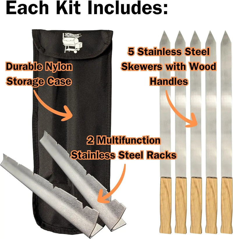 Stainless Steel Kebab Sword Grill Skewers, Holder Racks and Case Set - Great for Shish Kabob, BBQ, Kebobs, Churrasco, Picanha, Brazilian BBQ Sword Skewers, Roasting Sticks by GreenHaven Gardens