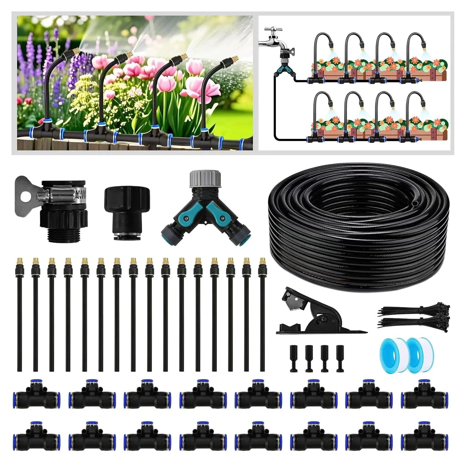 Drip Irrigation Kit - 100 FT. Hose Sprinkler System with 360° nozzles and T-connectors for Gardens, lawns, Plants, Flower beds, Trees, patios and hydroponics (Closeable nozzle-16) by GreenHaven Gardens