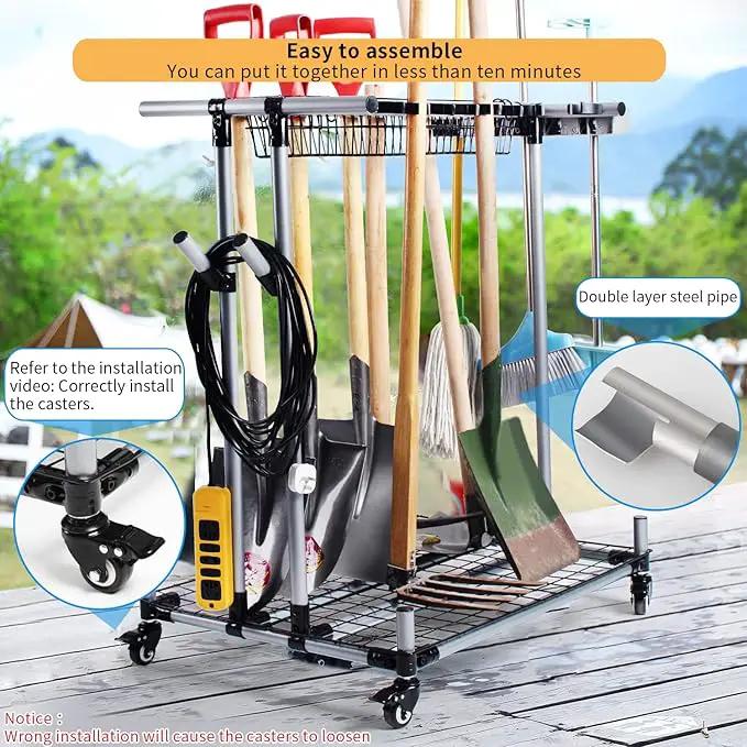 Mobile garden tool organizer metal Garage Storage Holder storage large long lawn tools heavy duty tool rack sturdy yard cart by GreenHaven Gardens