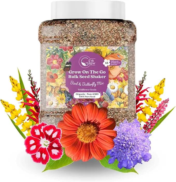 Bulk Wildflower Seed - Bird & Butterfly Garden Seed Mix | Bulk 300,000+ Annual & Perennial Flower Seeds for Planting - Attracts Hummingbirds & Butterfly | No Messy Bags or Packets | Bulk 1 Pound Jar by GreenHaven Gardens