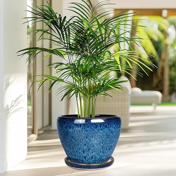 10 Inch Ceramic Planter Pot, Ceramic Plant Pot for Indoor Outdoor Plants, Large Flower Pot with Drainage Hole and Saucer, Blue by GreenHaven Gardens