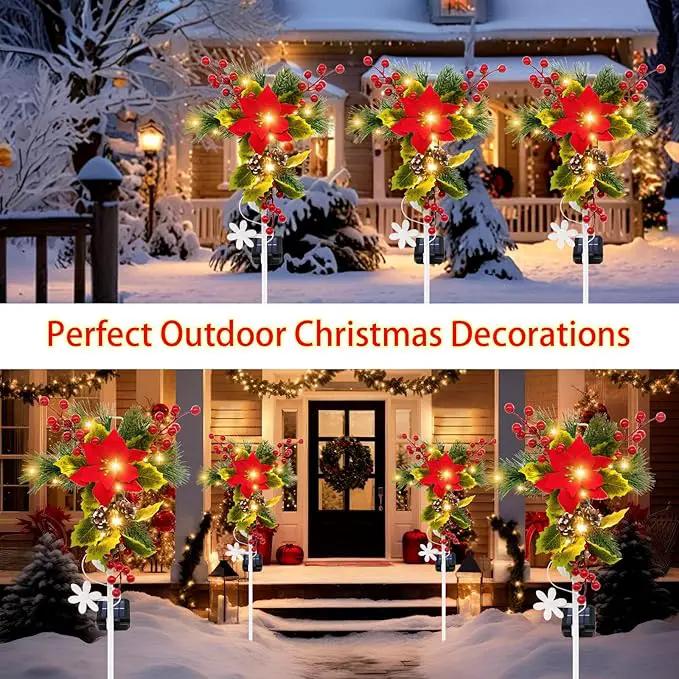 4 Pack Solar Christmas Decorations Outdoor, 32 Inch Solar Christmas Cross Stake Lights, Waterproof Grave Decorations with Poinsettia Flower Pinecones Red Berries for Garden Yard Patio Lawn Cemetery by GreenHaven Gardens