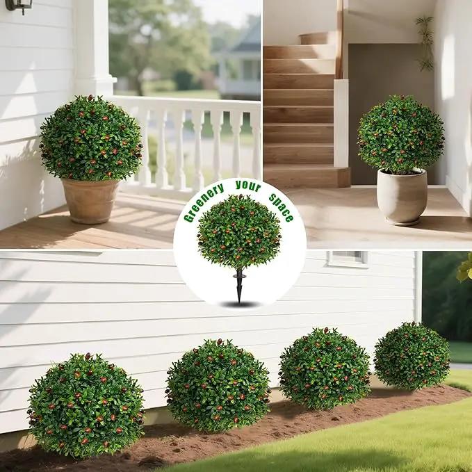 Artificial Olive Topiary Ball Trees with Ground Spike, Set of 2 UV Resistant Artificial Shrubs, Fake Evergreen Artificial Plant Bushes for Indoor Outdoor Front Porch Garden by GreenHaven Gardens