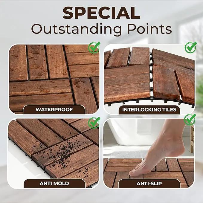 Pack of 10 Deck Tiles - 12"x12" Interlocking Natural Solid Acacia Wood for Outdoor & Indoor, Patio Garden, Balcony, Poolside - Dark Brown Color by GreenHaven Gardens