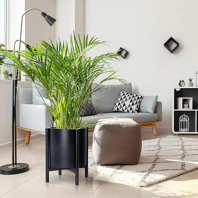 D'vine Dev Planter Pot with Stand - 14 Inch Plastic Cylinder Flower Pot with Wood Planter Holder for Indoor, Matte Black Pot + Ebony Stand, 55-C-T-2 by GreenHaven Gardens