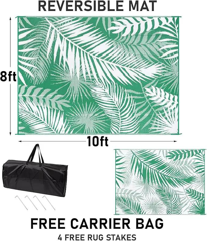 Outdoor Rug 8'x10' Waterproof for Patios Clearance, Reversible Outdoor Plastic Straw Rug Camping Carpet, Outside Floor Mats Large Area Rugs for RV,Patio,Deck,Porch, Beach,Balcony,Green&White by GreenHaven Gardens