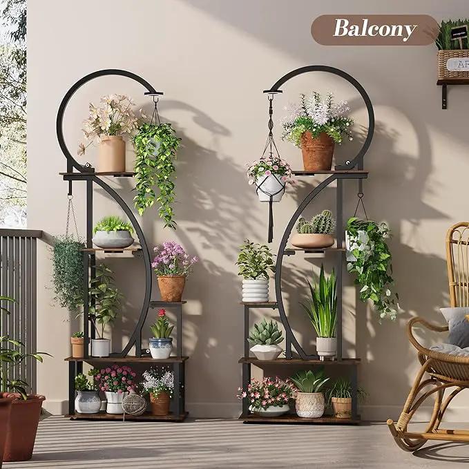 Indoor Plant Stand with Grow Lights, Half-Heart Shape Metal Shelf with Multiple Wood Boards and Hooks for Hanging & Potted Plants, Tall LED Display Rack for Living Room, Balcony Décor by GreenHaven Gardens