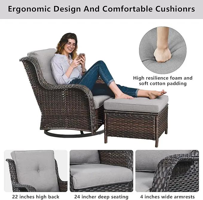 Wicker Outdoor Furniture Patio Furniture Set - 6 Piece Patio Conversation Set with Swivel Rocker Chairs, Loveseat Sofa, Ottomans and Coffee Table, Gray Cushion by GreenHaven Gardens