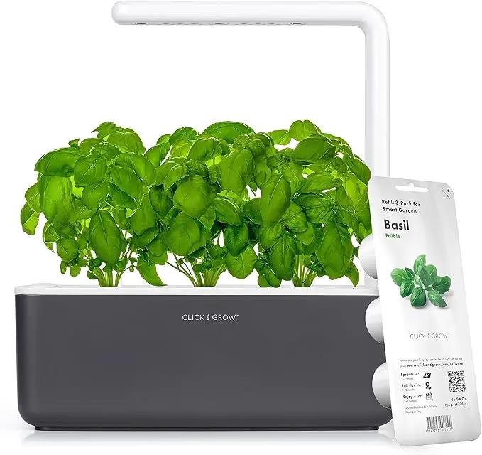 Click & Grow Indoor Herb Garden Kit with Grow Light | Smart Garden for Home Kitchen Windowsill | Easier Than Hydroponics Growing System | Vegetable Gardening Starter (3 Basil Pods Included), Grey by GreenHaven Gardens