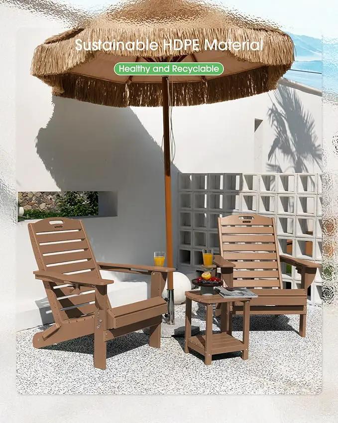 Folding Adirondack Chair HDPE All-Weather Adirondack Chairs with Cup Holder, Outdoor Fire Pit Chairs Lawn Chair for Deck Patio Garden (Teak) by GreenHaven Gardens
