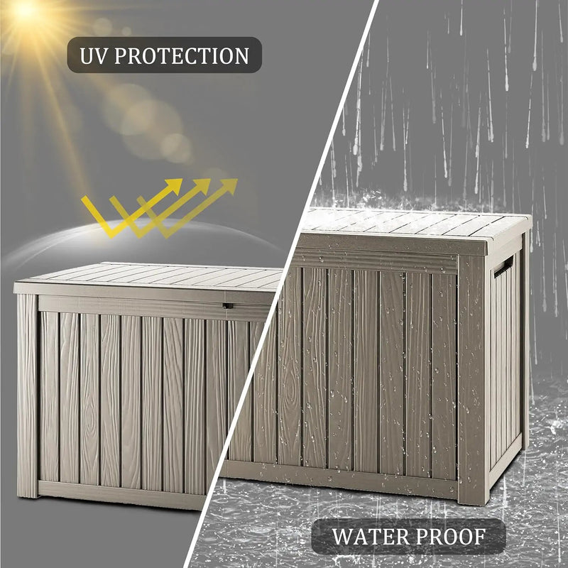 200 Gallon Coffee Resin Deck Box - Rustic Wood-Look, Waterproof & Lockable Outdoor Storage for Garden Tools, Patio Essentials - All-Weather Container for Farmhouse Decks, Backyards by GreenHaven Gardens