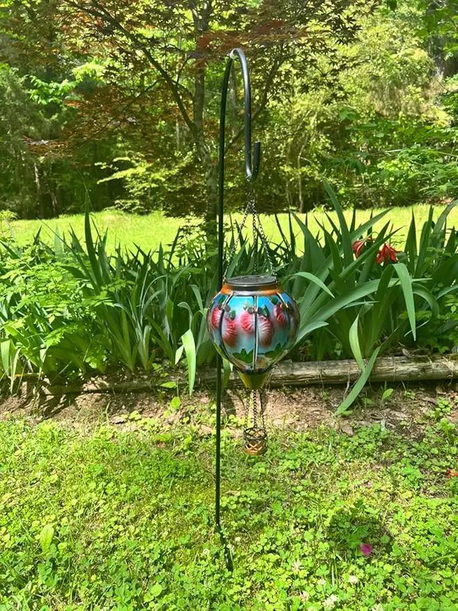 2PCS Solar Hot Air Balloon Flickering Flame Hanging Garden Light with Shepherd's Hooks, Waterproof Glass Outdoor Lantern for Yard Patio, Mother's Day Gift, 18" H Hummingbird & Flower by GreenHaven Gardens