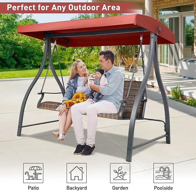 BPS 3 Seat Outdoor Porch Swing with Adjustable Canopy, PE Wicker Patio Swing Chair with Quick-Drying Foam Seat, 882 LBS Capacity, Proch Swings for Deck, Backyard, and Lawn, Red by GreenHaven Gardens