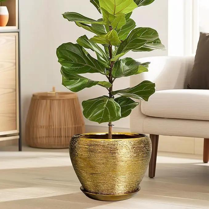 Ceramic Planter 10 Inch - Indoor Plant Pot with Drainage Hole and Saucer Large Decorative Planter Mid-Century Modern Flower Pot Outdoor for Home Decor Gold by GreenHaven Gardens