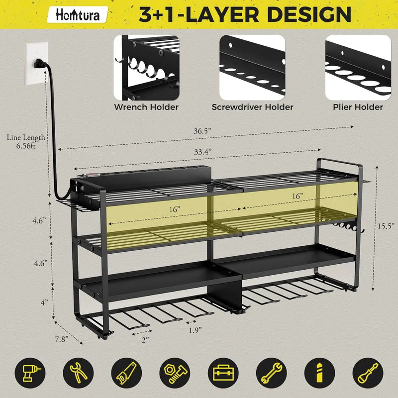 ‌Heavy Duty 4-Layer Power Tool Organizer Wall Mount with 8 Outlet Power Strip- Holds 8 Cordless Drills, 400lbs Capacity Metal Garage Storage Rack‌ by GreenHaven Gardens
