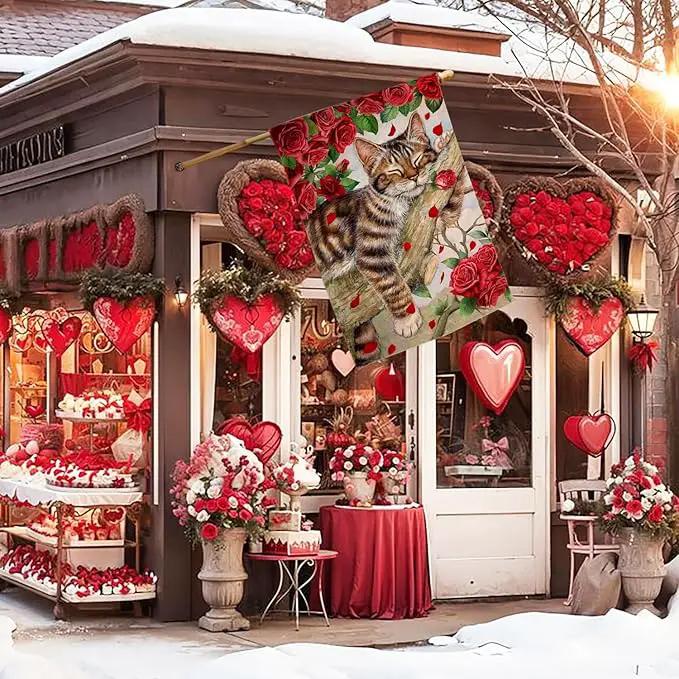 BLKWHT Valentines Cat House Flag 28 x 40 Vertical Double Sided Red Roses Spring Farmhouse Holiday Outside Decorations Burlap Yard Flag BW757-40 by GreenHaven Gardens
